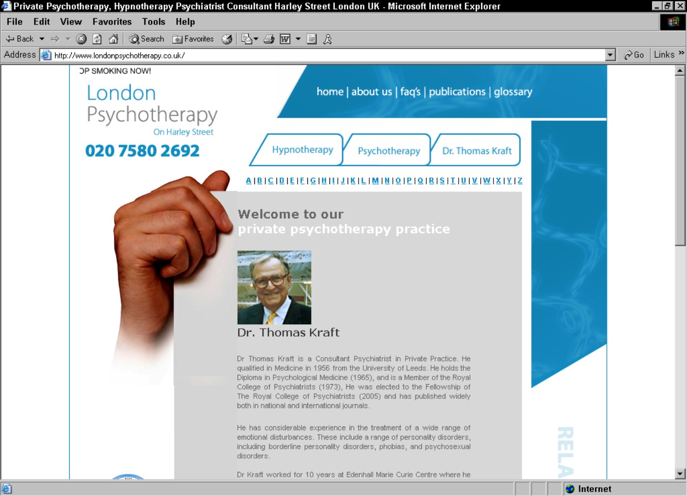 Figure 2-1: A London psycho-therapist provides his contact information and fields of expertise on this simple, yet informative, Web page.